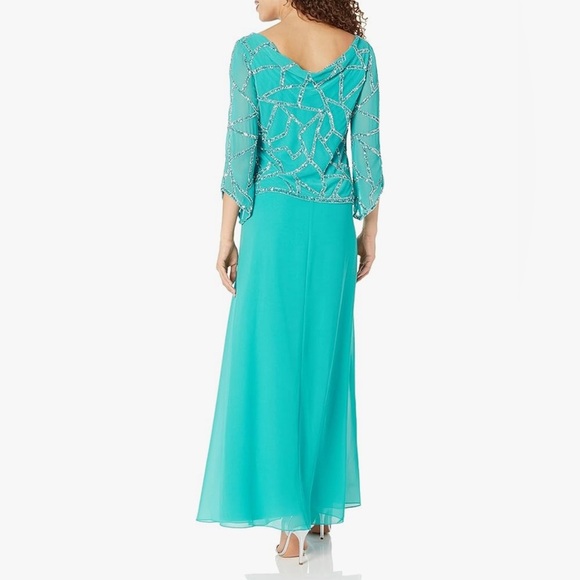 NWT J Kara Women's C-Neck with 3/4 Sleeve Beaded Long Dress Aqua Color Sz 8 - Picture 2 of 5